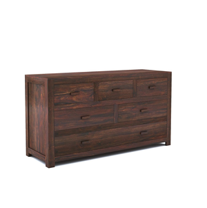 Three-quarter view of the walnut finish Sheesham wood six-drawer chest