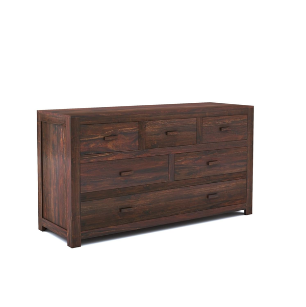 Three-quarter view of the walnut finish Sheesham wood six-drawer chest