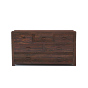 Front view showing six drawers and wooden handles on a walnut finish Sheesham wood chest
