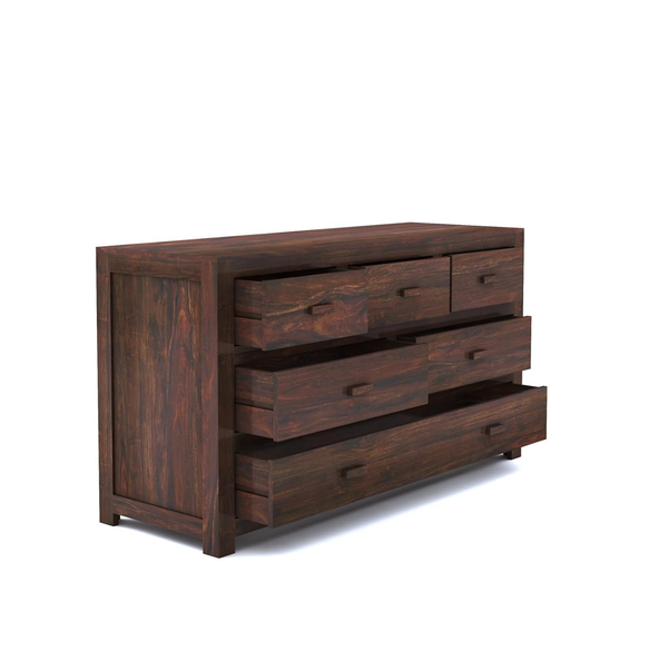 Walnut finish Sheesham wood chest with drawers open to show storage