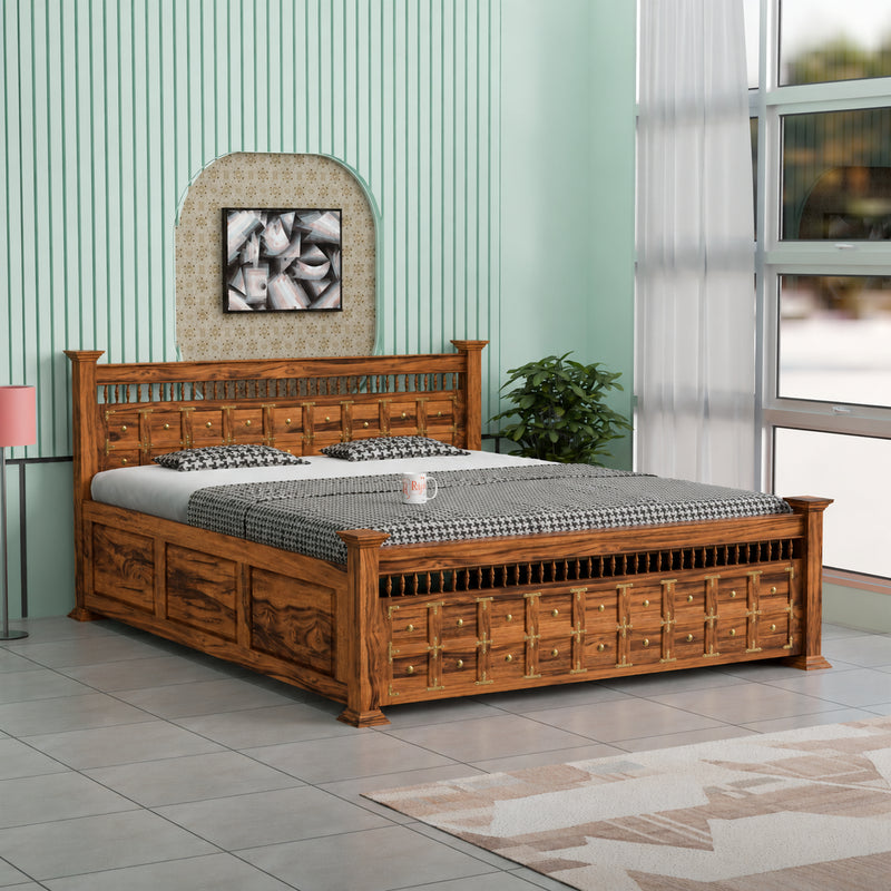 Brass LT Plus Sheesham wood king bed, Natural finish, view 1