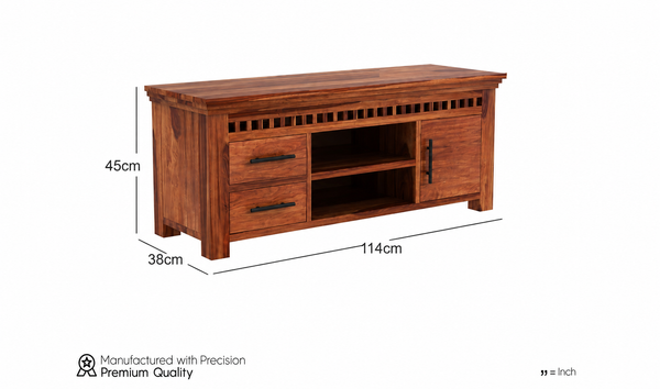 Sheesham wood TV unit with black handles, 114 by 38 by 45 cm
