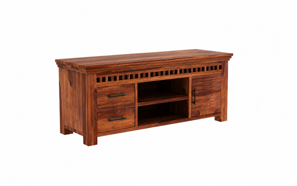 Sheesham wood TV unit with matte black handles - front view