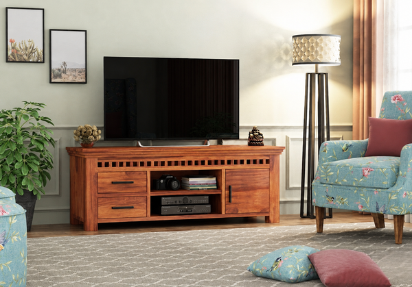 Sheesham wood TV unit with matte black handles in living room