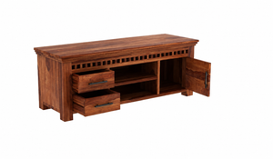 Sheesham wood TV unit with matte black handles and open storage