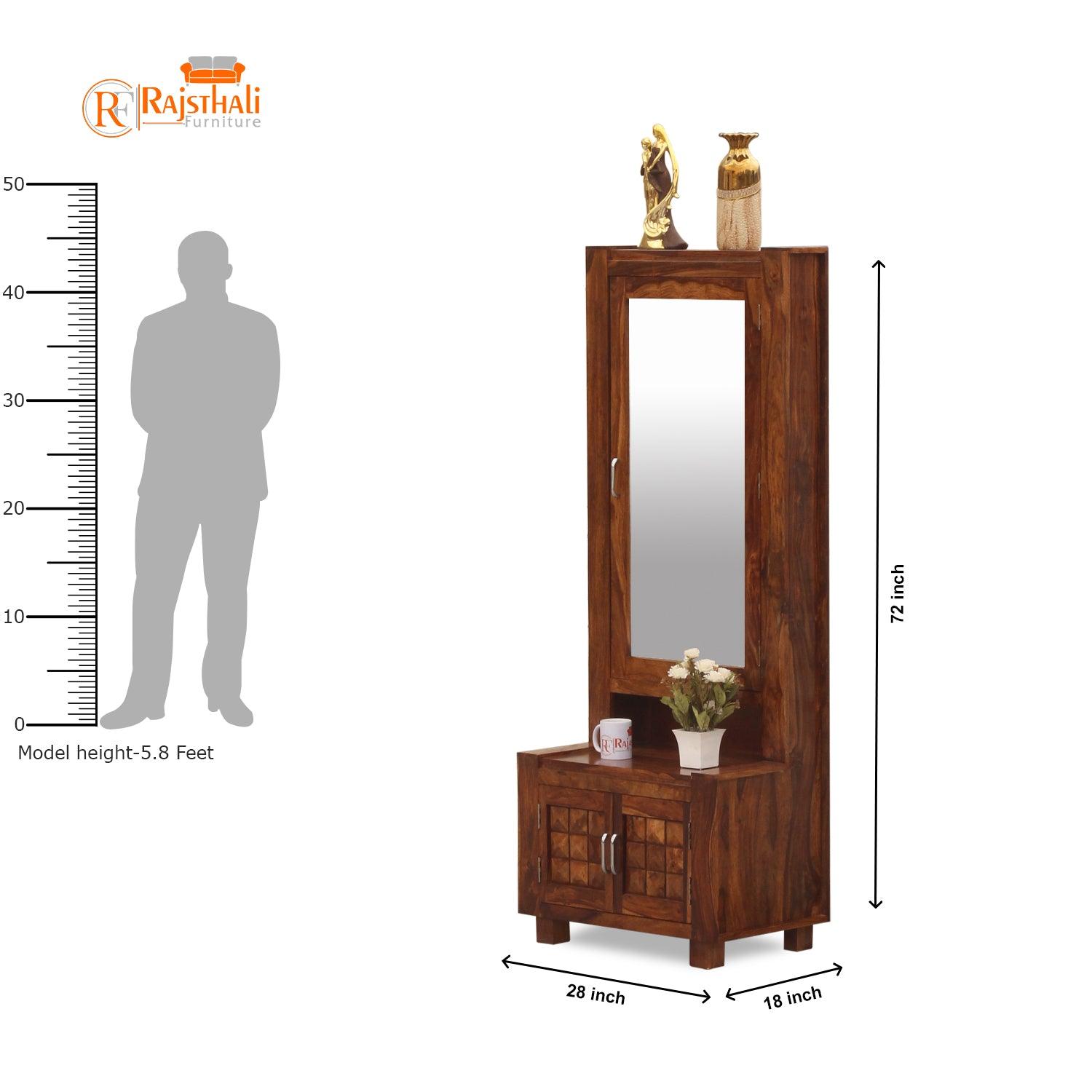 Aino Solid Wood Two Door Dressing Mirror with Hidden Storage in Honey Oak Finish - Rajasthali Furniture 