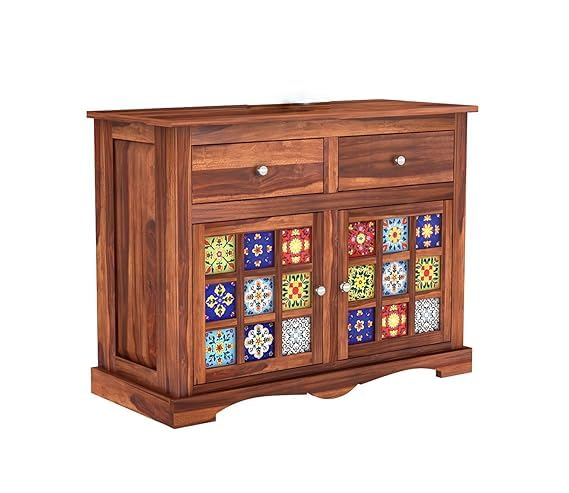 Angled view of honey finish tile design Sheesham wood sideboard