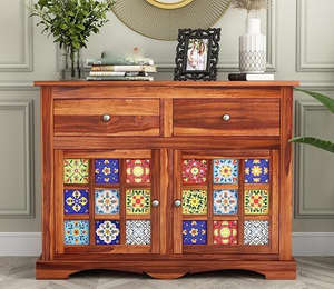 Front view of honey finish tile design Sheesham wood sideboard