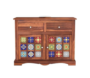 Honey finish solid Sheesham wood tile sideboard front view