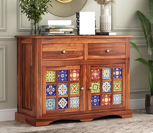 Honey finish tile design Sheesham wood sideboard with 2 drawers and 2 doors