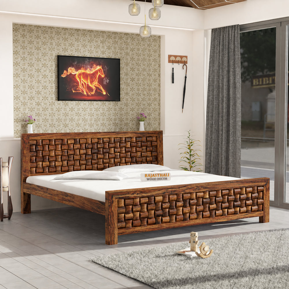 WCRF0131 king size Sheesham wood bed without storage in natural finish - bedroom view