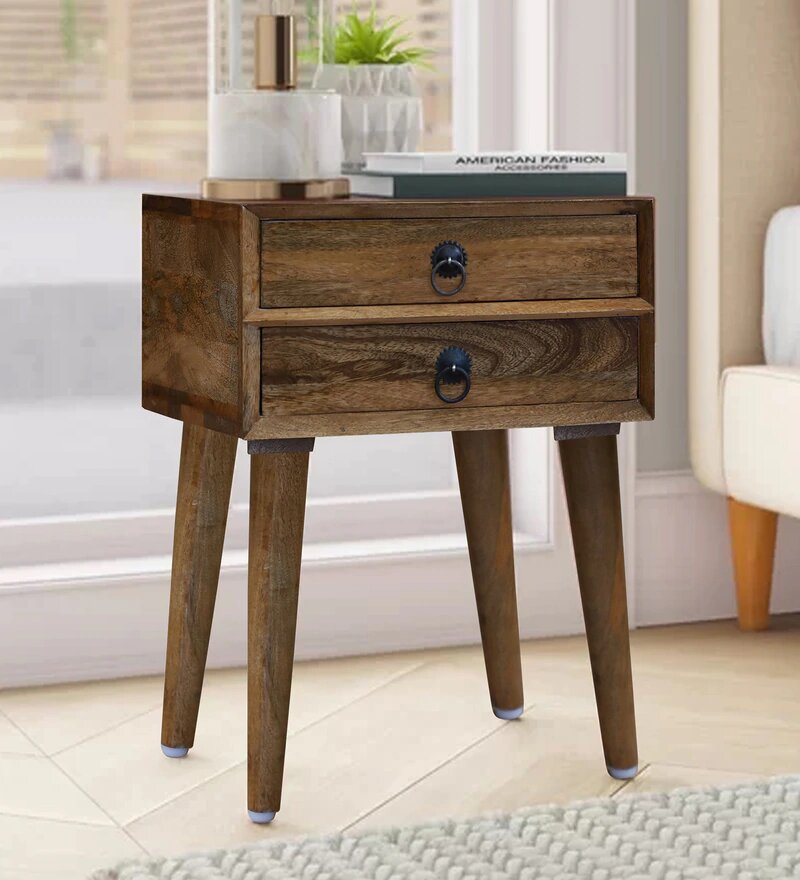 Varna Solid Wood Two Drawer Bed Side Table