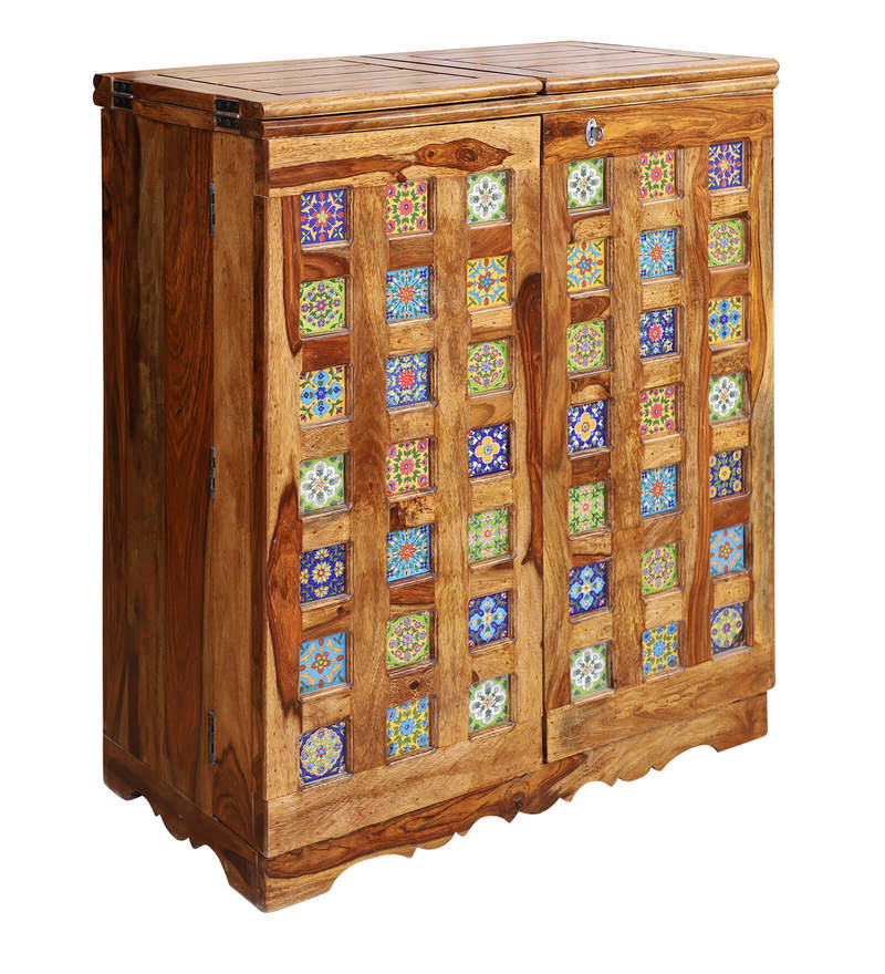 Reidville Solid Wood Two Door Bar Cabinet in Honey Oak Finished Rajasthali Furniture - Rajasthali Furniture 