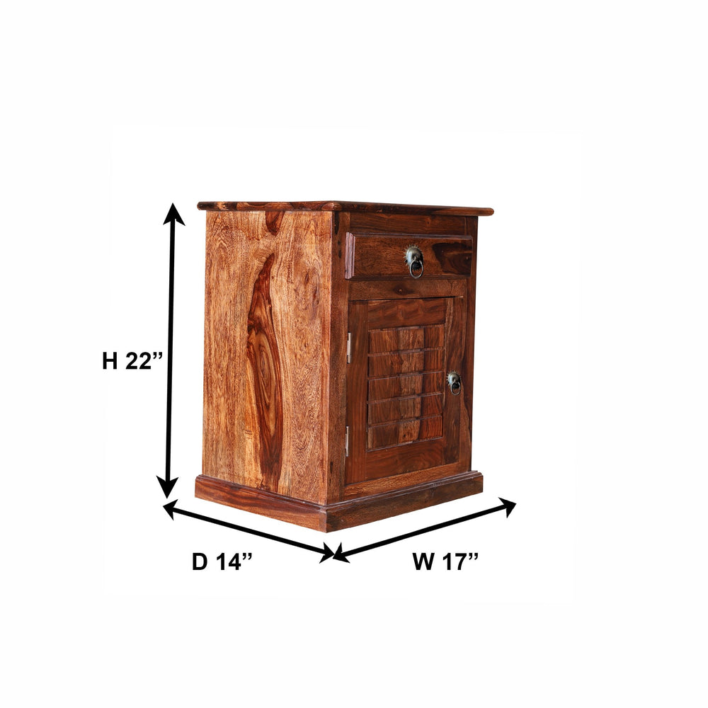 Rossburn Sheesham Wood Bedside Table with Drawer & Cabinet (Honey Oak Finish)