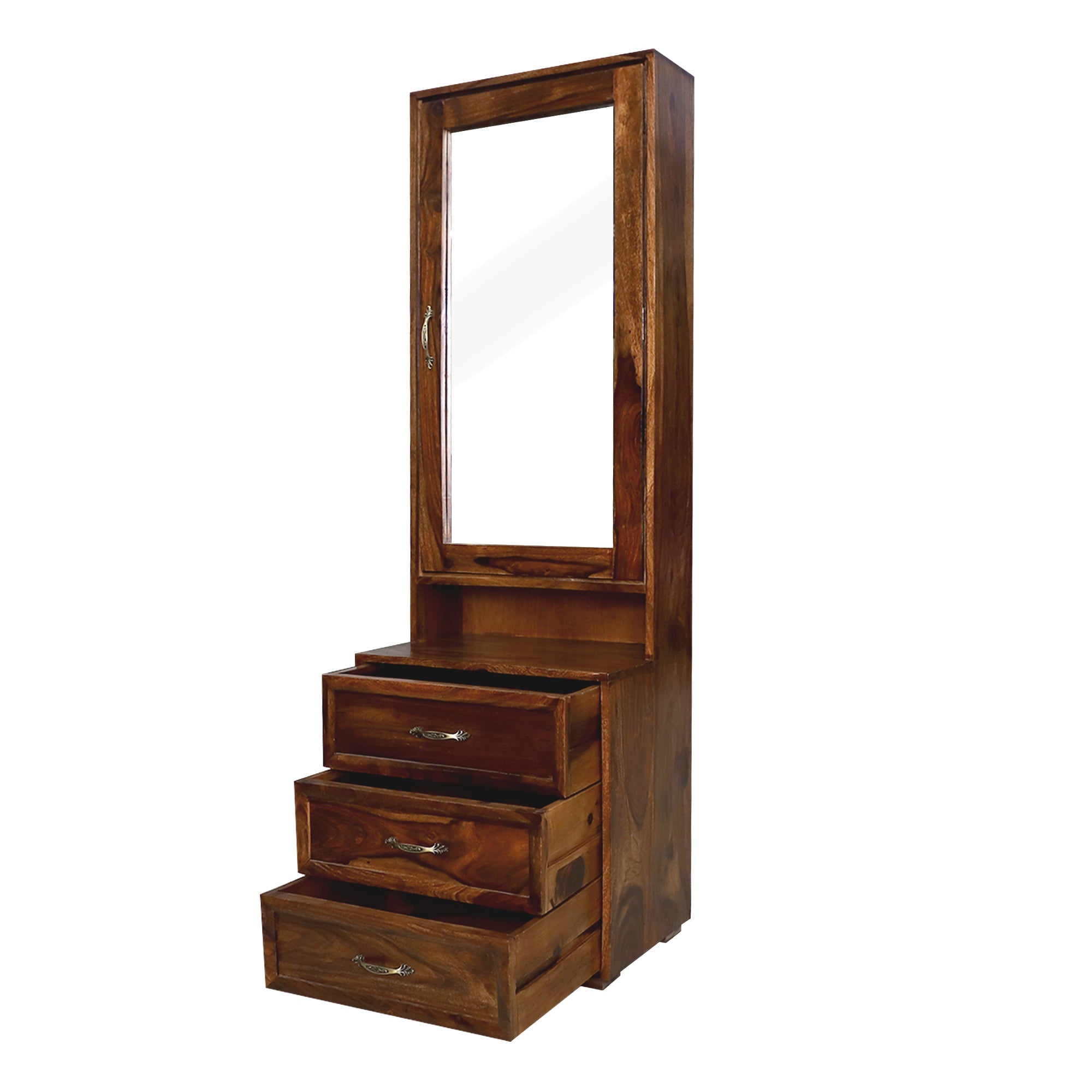 Camille Wooden Dressing Mirror with Hidden Storage in Honey Oak Finish - Rajasthali Furniture 