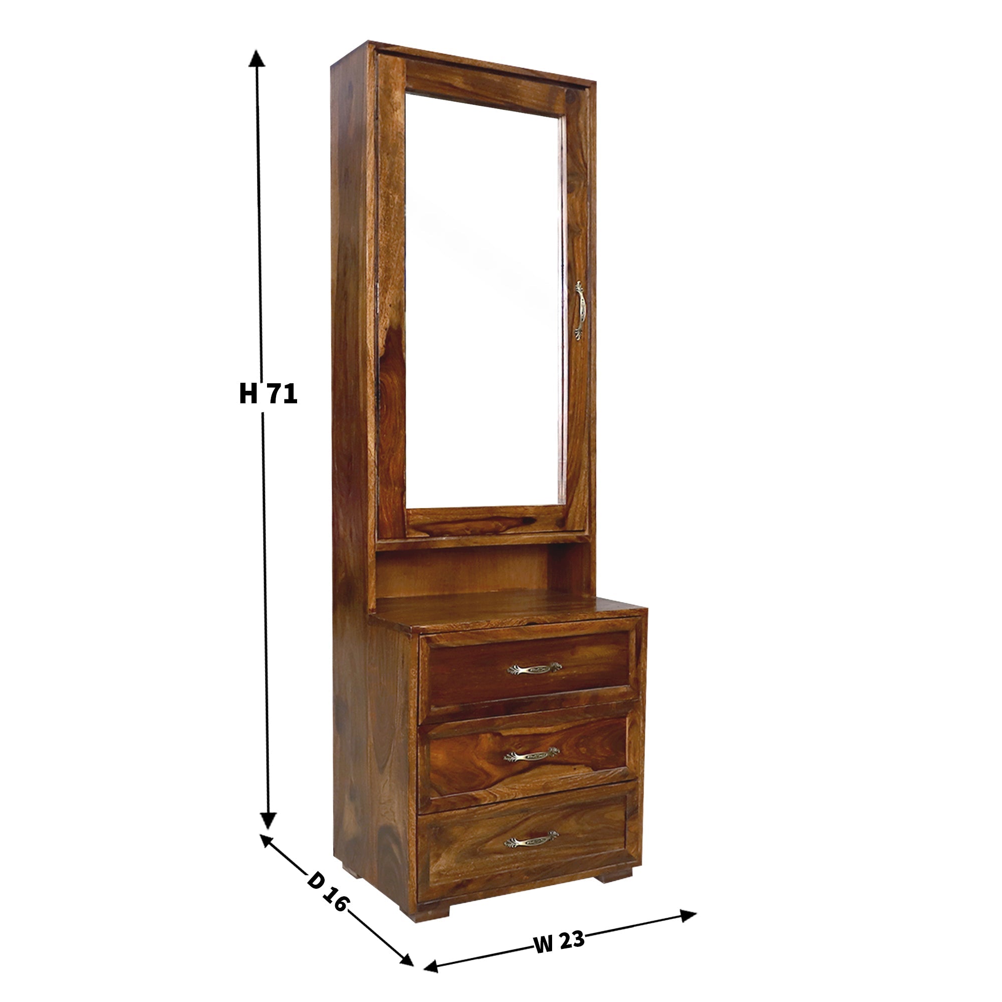 Camille Wooden Dressing Mirror with Hidden Storage in Honey Oak Finish - Rajasthali Furniture 