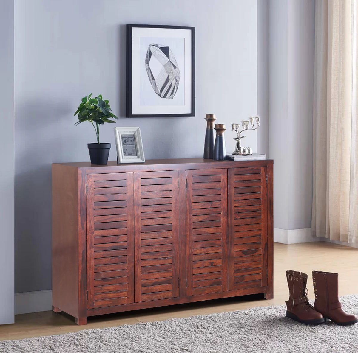 Haze Solid Wood Four Door with One Drawer Shoe Rack in Walnut Finish
